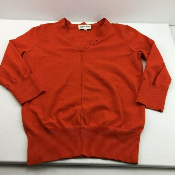 Jones New York Sweaters - Jones New York Sport Womens Red Orange V-Neck Sweater Pullover 3/4 Sleeve Large